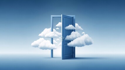Open blue door surrounded by fluffy white clouds under clear sky, representing freedom, imagination, and new opportunities for exploration