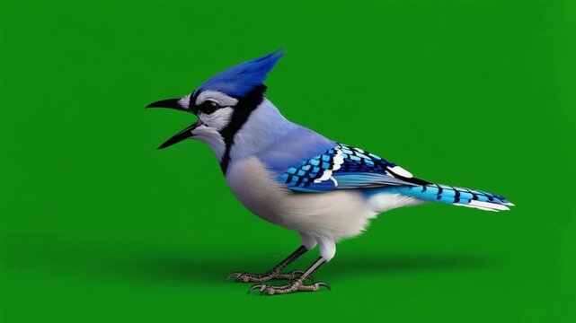 Vibrant blue jay standing on green background, looking alert