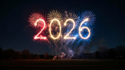 Fireworks display spelling out the year 2026 in glowing numbers with vibrant red, gold, and blue sparks exploding in the night sky