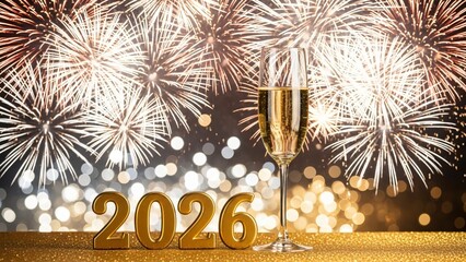 Celebrating new year 2026 with champagne and fireworks