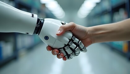 Handshake between a robotic mechanical arm and a human hand representing cooperation between artificial intelligence and humanity in a warehouse