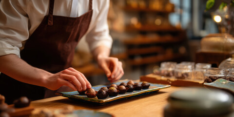 Chocolatier arranging handmade chocolate truffles on ceramic platter, warm cozy atmosphere