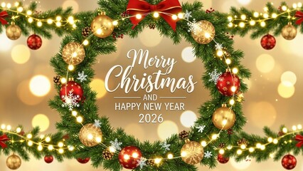 Merry christmas and happy new year 2026 greeting card with wreath