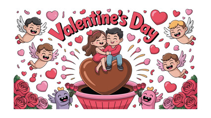 Fototapeta premium Love's Day Celebration: A tender moment on Valentine's Day features an embracing couple amidst hearts and cherubs, symbolizing romance, affection, and the celebration of love. 