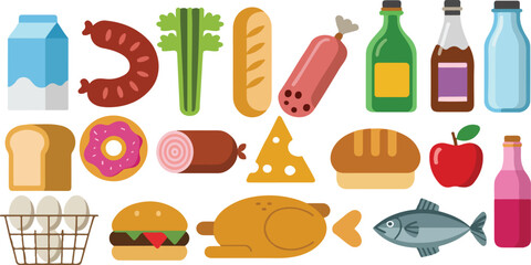 Collection of Flat Food Icons and Grocery Vector Illustrations
