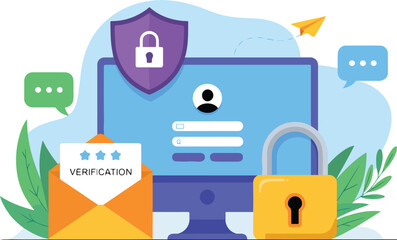 Cyber Security and Online Account Verification Vector Illustration -cyber security, data protection, account verification, information security, online safety, padlock, shield, security icon, login sc