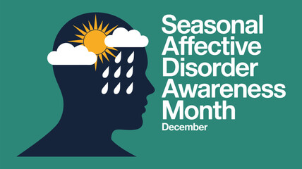 Seasonal affective disorder awareness month concept with head, high ranking mental health illustration emphasizing emotional well-being, depression education, and public health awareness campaigns.