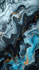 Abstract swirling mix of blue black and gold paint creating a marbled effect.