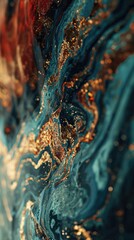Close up abstract of swirling teal paint with gold and red accents creating a luxurious and dynamic texture.