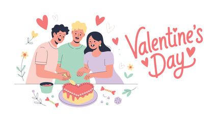 Valentine's Day Celebration: Friends gathered together to cutting heart-shaped cake together for celebrate the Valentine's Day. The illustration conveys friendship, connection and relationship.
