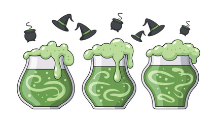 Three glasses of bubbling green potion with witch hats and cauldrons