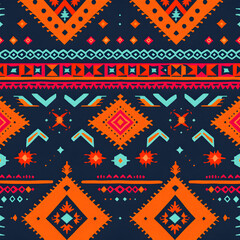 Vibrant seamless tribal ethnic pattern with geometric ornaments on dark blue background
