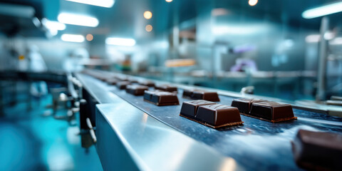 Obraz premium Modern chocolate production line with conveyor and fresh chocolate pieces