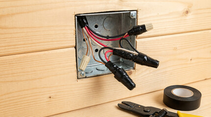 Electrical wires connected to a wall outlet box with pliers and tape