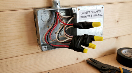 Electrical wires connected to a safety checked and repaired outlet box with insulation and a note indicating safety measures, with a wood background and tools