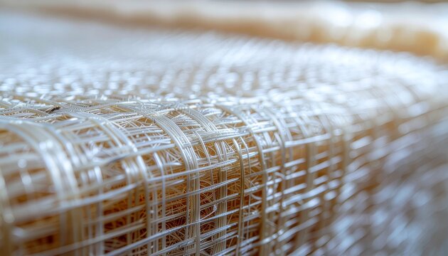 Close-up of industrial woven fiberglass mat texture with intersecting filament grid, showcasing raw composite material roll