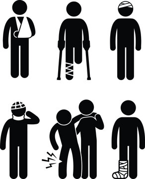 Stick figures representing various injuries and physical ailments, including casts, crutches, and slings. 