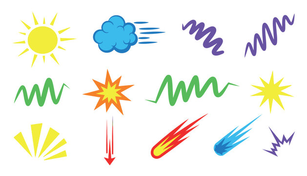 A dynamic collection of abstract graphic elements including suns, a cloud, zig-zag lines, and shooting stars