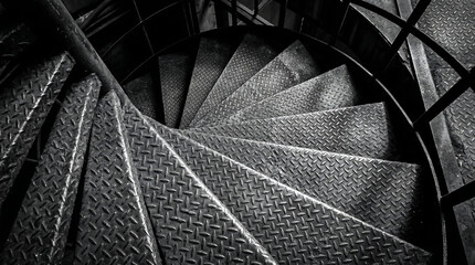 Spiral staircase with metal diamond plate steps and railing in a dark dramatic interior with shadows