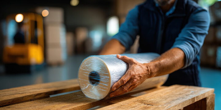 Worker hands wrapping stretch film roll on pallet in warehouse packaging scene