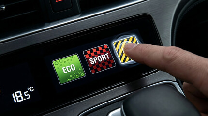 Close up of finger pressing car button on modern vehicle dashboard with eco sport mode options and temperature display