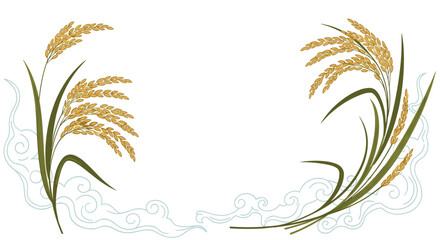 Golden ripe rice ears growing in field with traditional Japanese cloud patterns at bottom on white background as frame.