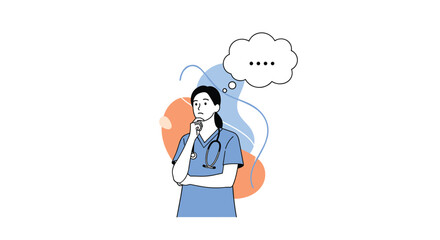 Fototapeta premium Female medical professional in blue scrubs looking up and thinking with empty thought bubble and colorful background shapes.