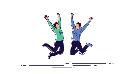 Two joyful men jumping in the air with arms raised celebrating success and happiness against a plain white background.