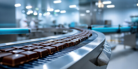Chocolate pieces moving along modern production line conveying glossy confection with precise