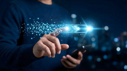 Businessman holding mobile smartphone with glowing digital arrow light moving forward,concept of fast speed technology connectivity,future business growth,internet data transfer progress.