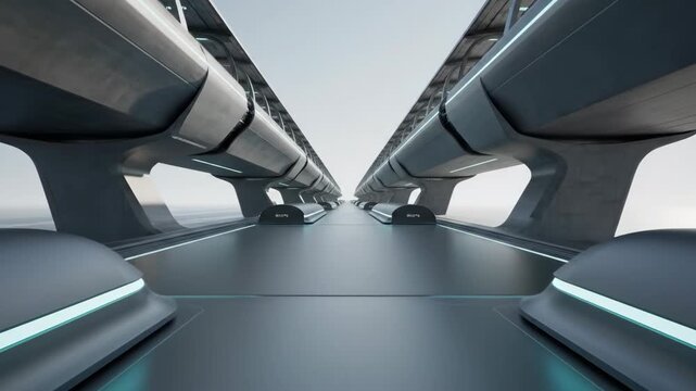Futuristic glossy corridor with sleek linear structures and glowing blue accents stretching into the distance under a bright uniform sky