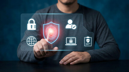 Man touching virtual shield with fingerprint scanning icon,concept of cyber security,biometric identity verification,personal data privacy protection,digital access control,safety lock.