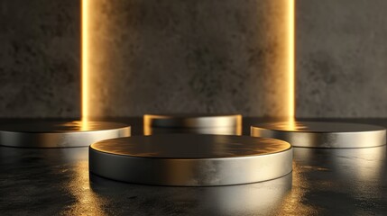 Multiple metallic cylindrical platforms illuminated by warm golden lights against a dark textured background.