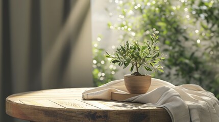 Miniature olive tree in a brown pot sits on a rustic wooden table, bathed in sunlight near a window.