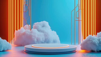 Futuristic circular platform illuminated by neon lights against a backdrop of stylized clouds and a vibrant blue and orange setting.