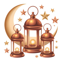 Obraz premium Three lanterns isolated on transparent background with crescent moon and stars
