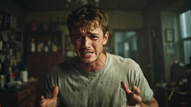 Intense Close-Up of Worried Man in Dimly Lit Room.