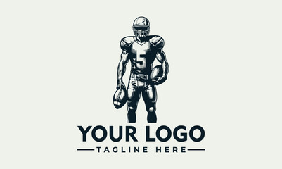 A vector illustration of an American football player holding a ball with a placeholder logo and tagline on a plain background, conveying a sporty mood.