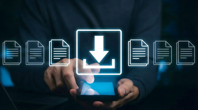 Businessman,holding,smartphone,with,digital,download,icon,loading,files,document,management,cloud,storage,online,database,backup,transfer,technology,concept,efficient,business,workflow,service - Powered by Adobe