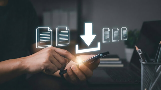 Person,touching,smartphone,screen,transferring,digital,files,download,icon,cloud,storage,document,management,system,online,data,backup,wireless,technology,business,efficiency,modern,workspace - Powered by Adobe