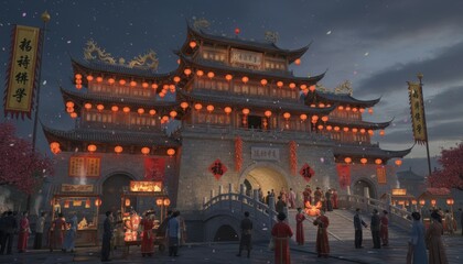 Fototapeta premium Chinese New Year 3D Ancient Chinese City Gate with Red Lanterns and Gold Sign