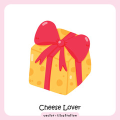 Gourmet Cheese Gift Illustration for Foodies and Holidays, Swiss Cheese Wedge Shaped like a Gift Box with Red Ribbon Bow