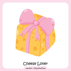 Gourmet Cheese Gift Illustration for Foodies and Holidays, Swiss Cheese Wedge Shaped like a Gift Box with Red Ribbon Bow