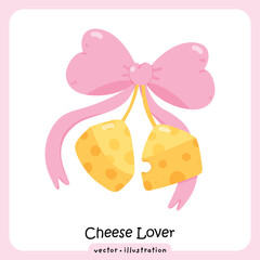 Coquette Aesthetic Cheese Clipart, Cute Food Illustration with Pink Bow, Kawaii Swiss Cheese Wedge with Pink Ribbon Bow Illustration