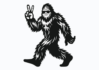 Yeti walks confidently and shows his fingers in shape of letter V
