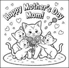 Happy Mother's day coloring page for kids with quote lettering and festive doodle decoration greeting card