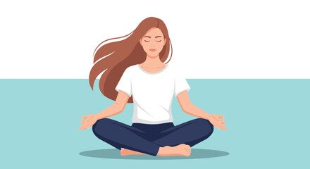 Fototapeta premium A young woman with long brown hair sits in a meditative cross-legged pose, practicing mindfulness and seeking inner peace.
