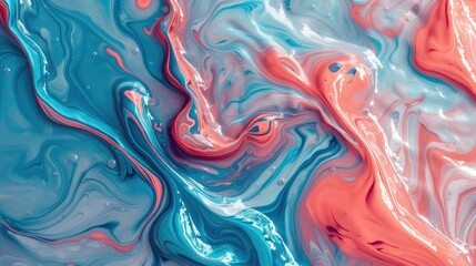 An abstract Swirling blend of teal and coral paint creating a dynamic and visually appealing marbled effect.