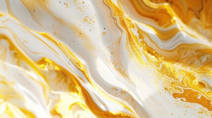 Close-up an abstract fluid art design featuring swirling gold and white paint with glitter accents.
