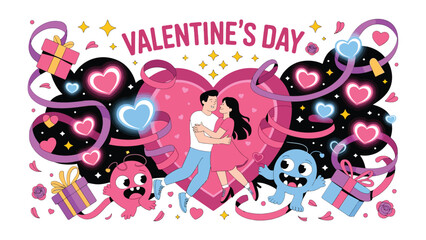 Naklejka premium Valentine's Day Illustration: A vibrant and captivating illustration depicts a romantic Valentine's Day scene with couples, hearts, ribbons, and gifts.